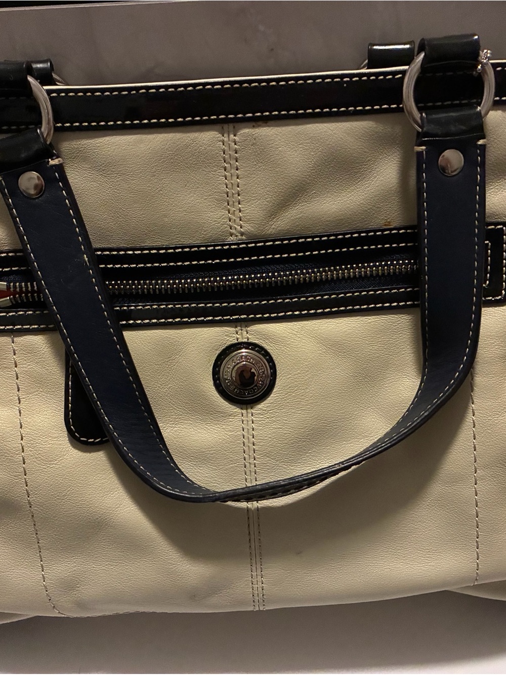 Coach Cream and Black Leather Tote with Front Zip
